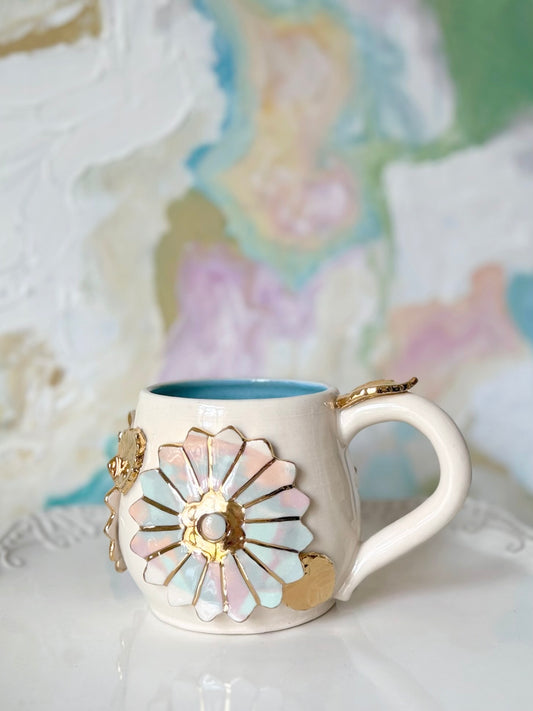 Pastel Proper Marbled Flower Garden Mug with Gold Luster
