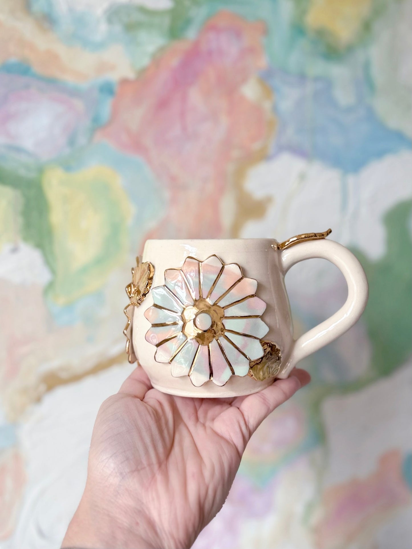 Pastel Proper Marbled Flower Garden Mug with Gold Luster