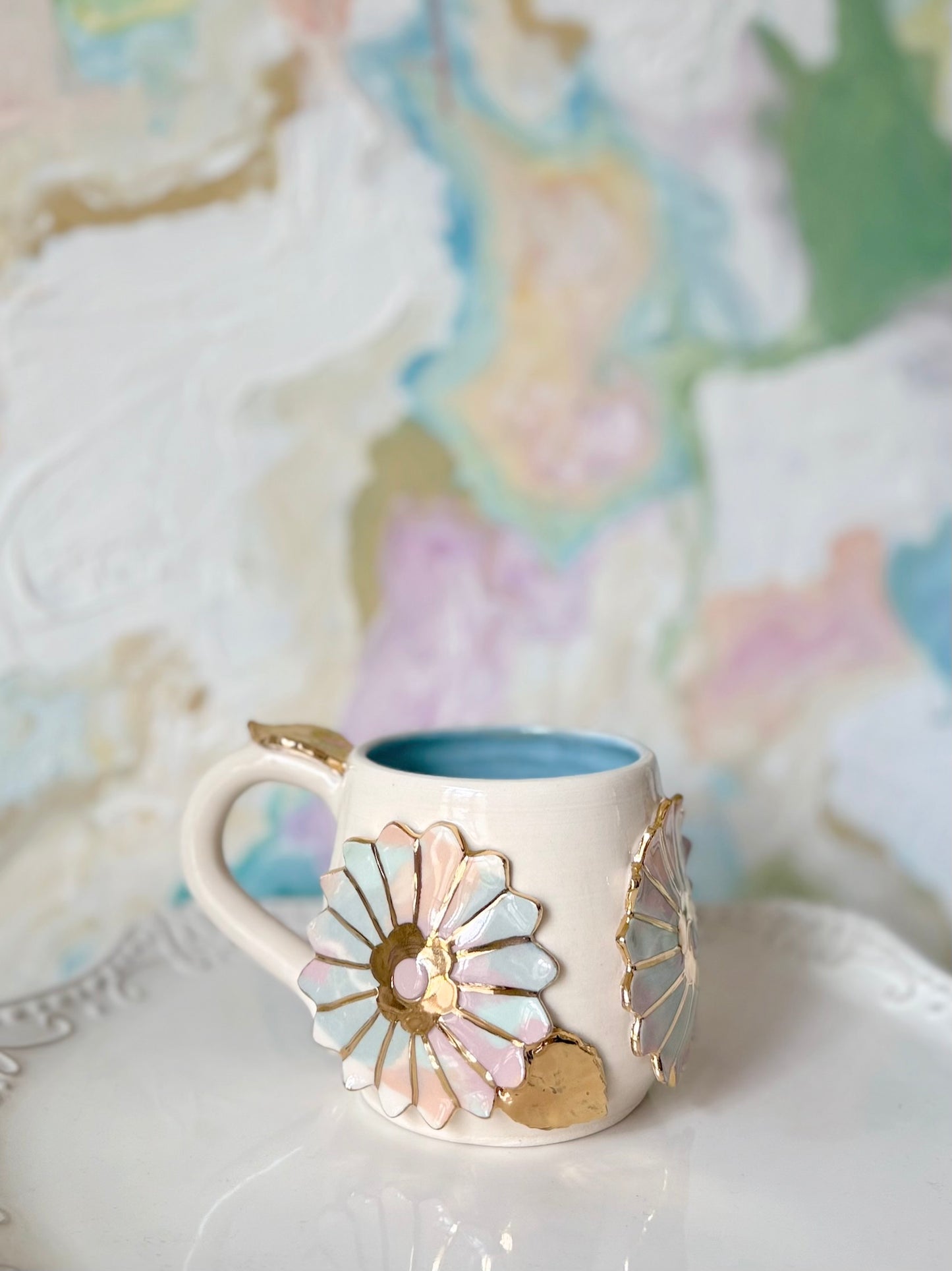 Pastel Proper Marbled Flower Garden Mug with Gold Luster