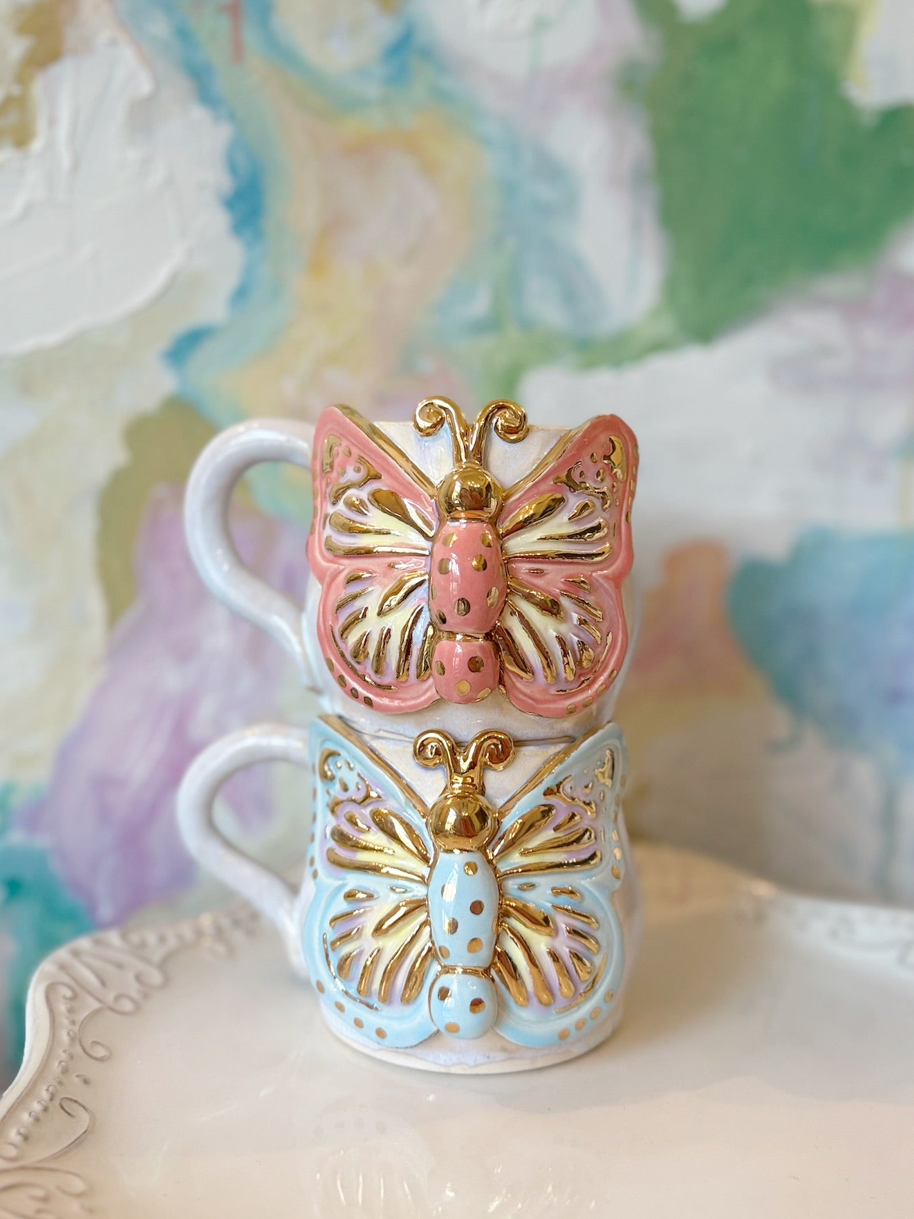 Coral Butterfly Mug with Gold Luster