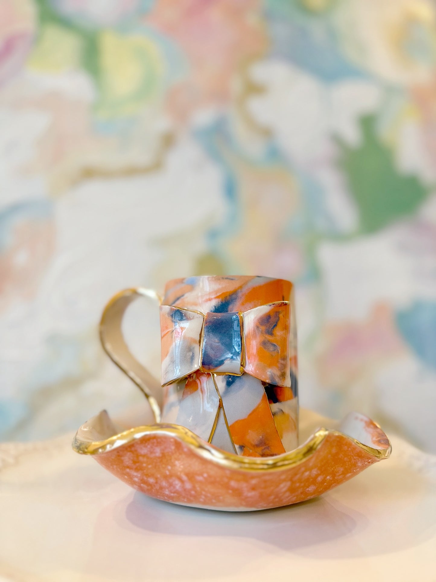 Sunny Days Marbled Wavy Bowl with Gold Luster