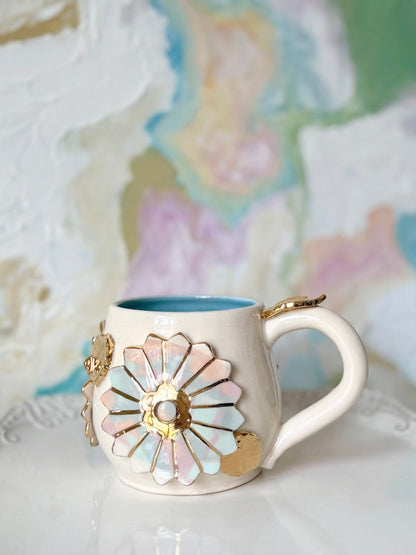 Pastel Proper Marbled Flower Garden Mug with Gold Luster