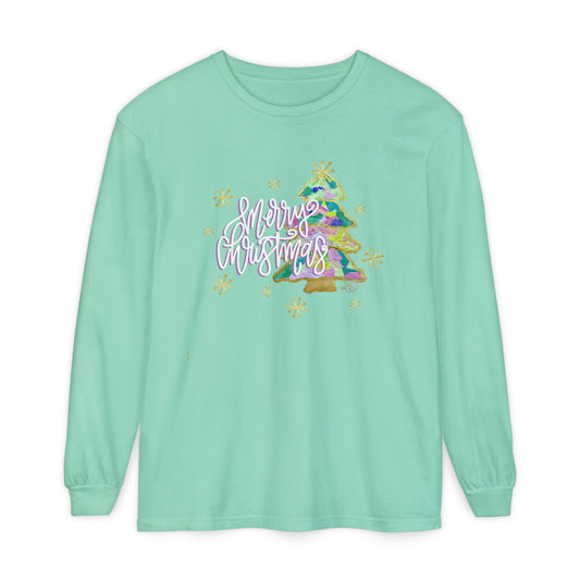 Painted Colorful Merry Christmas Tree Long Sleeve T-Shirt-Liz Cockrell Original Artwork
