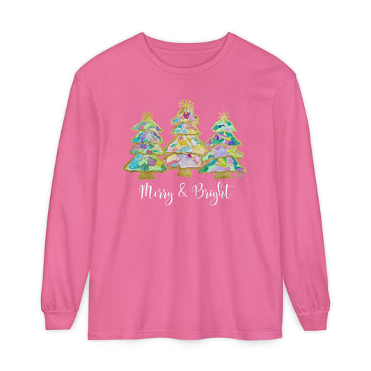 Painted Christmas Tree Trio Long Sleeve T-Shirt-Liz Cockrell Original Artwork
