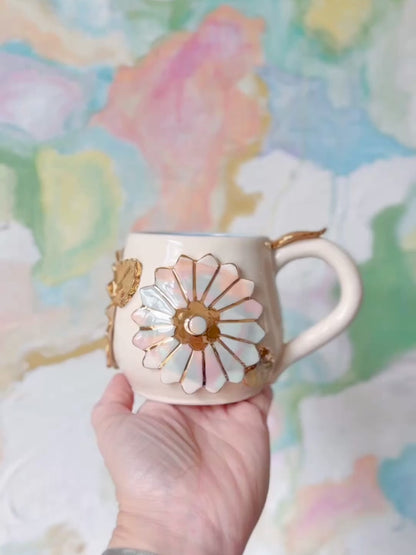 Pastel Proper Marbled Flower Garden Mug with Gold Luster